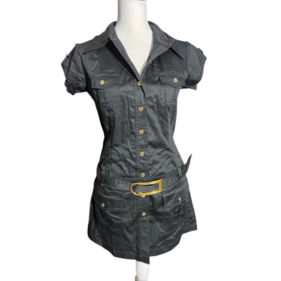 Forever 21 Black Utility Mini Shirt Dress Belted Gold Button Y2K Street Style S - Picture 1 of 11